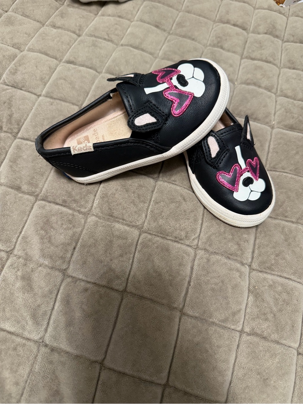 Keds Kids Black Bunny Slip-On Shoes with Pink Hearts